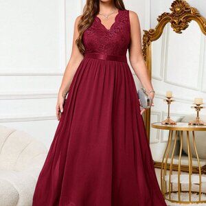 Burgundy Elegant Women's Plus Size Sleeveless Waist Cinched Party Dress